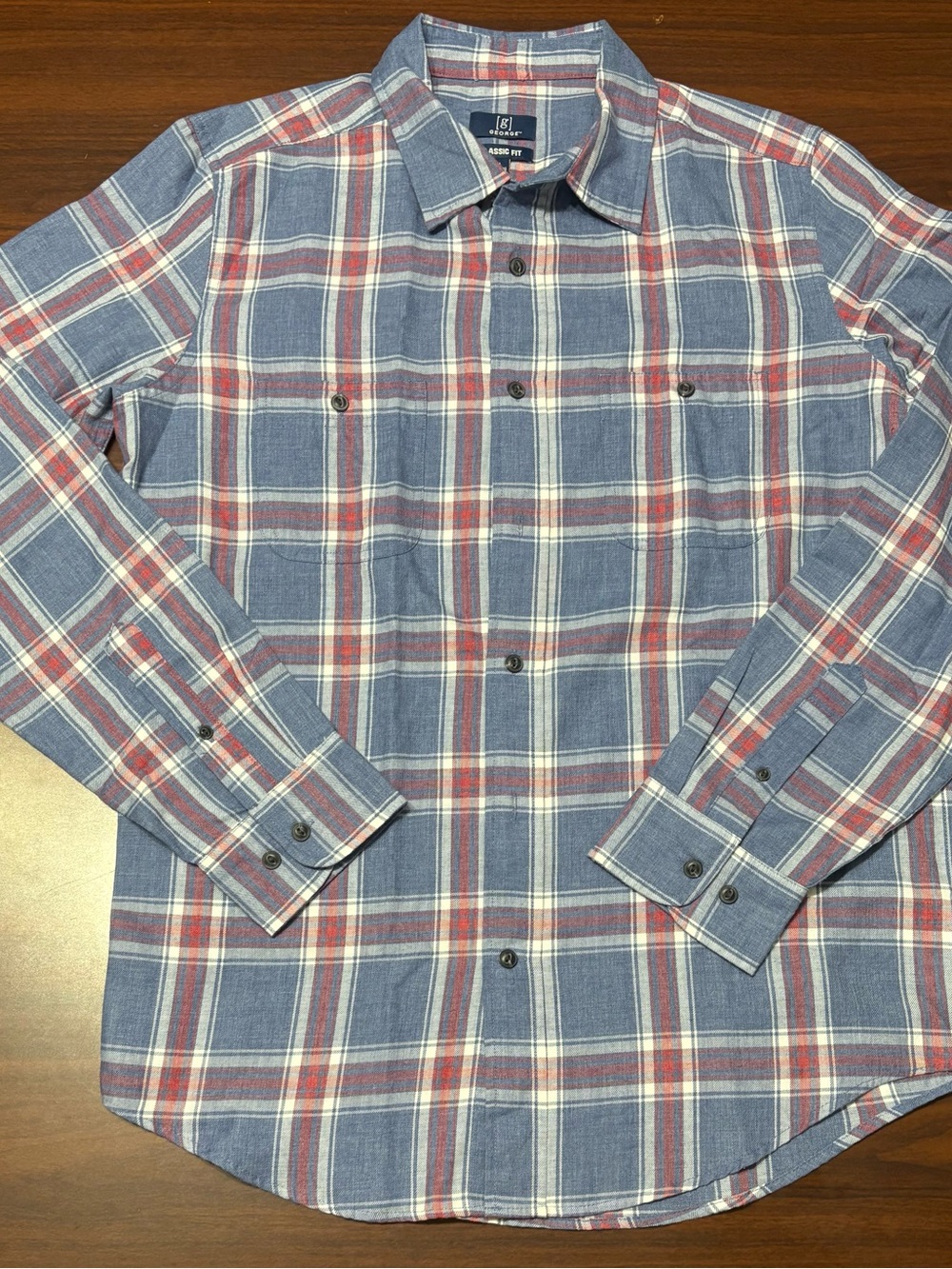 George Men's Blue Plaid Button-Down Shirt with Red and White Accents